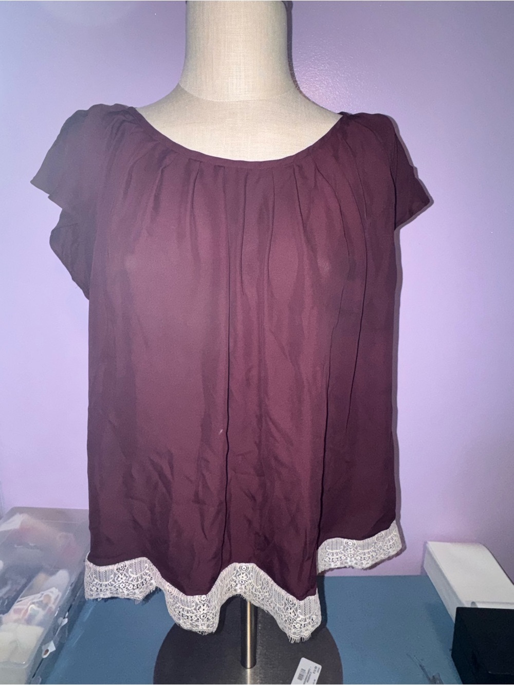 LC Lauren Conrad Wine Crochet-Hem Cap Sleeve Blouse
